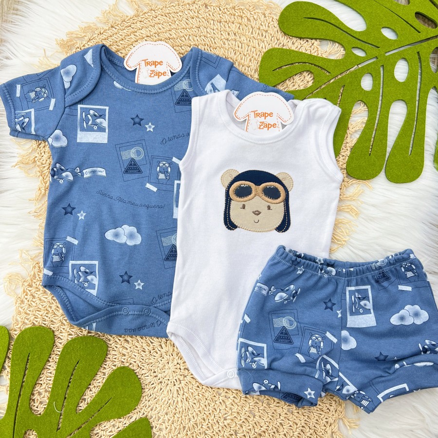 CONJ. DE MALHA 3 PEÇAS - Aviador - Azul Jeans e Branco CONJ. DE MALHA 3 PEÇAS - Aviador - Azul Jeans e Branco